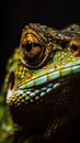 vertical close up portrait of a green lizard, reptile eye macro