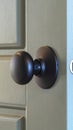 Vertical Close up of a round black door knob installed on a gray paneled interior door Royalty Free Stock Photo