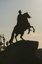 Vertical close up silhouette of Bronze Horseman sculpture of Peter the Great on blue sky background