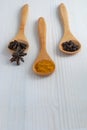 Vertical close-up of three wooden spoons with spices Royalty Free Stock Photo