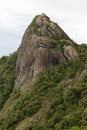 Vertical close up view of a mountain rock face with some trees under white cloudy - pico e serra do lopo Royalty Free Stock Photo