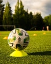 Vertical closeup of an Adidas Nativo MLS soccer ball in a soccer field at Wilson Playfields, Kent