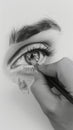 Vertical closeup of artist hand drawing human portrait woth pencil on white sheet of paper Royalty Free Stock Photo