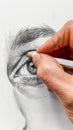 Vertical closeup of artist hand drawing human portrait woth pencil on white sheet of paper Royalty Free Stock Photo