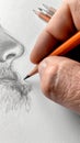 Vertical closeup of artist hand drawing human portrait woth pencil on white sheet of paper Royalty Free Stock Photo