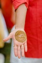 Vertical closeup of a beautiful Bridal henna, mehndi art on the palm of an Indian bride Royalty Free Stock Photo