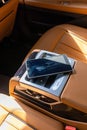 Vertical closeup of BMW rear seats integrated tablet