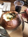 Clam Chowder in Bread Bowl. Homemade cream soup Royalty Free Stock Photo