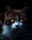 Vertical closeup of a brown stray cat, Felis catus on a dark background