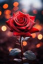 vertical closeup of a gorgeous red rose on blurred bokeh background, Valentine\'s day background