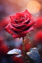 vertical closeup of a gorgeous red rose on blurred dreamy background, Valentine\'s day or wedding background