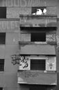 Vertical closeup grayscale shot of Trafo Gallery arthouse before demolition, Prague, Czech Republic