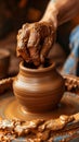 Vertical closeup of hands making pottery from clay on turning wheel