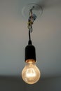 Vertical closeup of a light bulb hanging on a ceiling at home Royalty Free Stock Photo