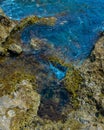 Vertical closeup of Malta sea with mossy stones and water covering them Royalty Free Stock Photo