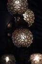 Vertical closeup of mesmerizing illuminated chandelier with metallic ornamental globes