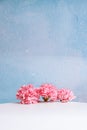 Vertical closeup of pink flowers on a table on a blue background of waterdrops