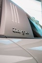 Vertical closeup on a Porsche 911 Targa B pillar badge