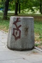 Vertical closeup of random graffiti writings on a rock in a park