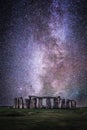 Vertical closeup shot of the archaeological site of Stonehenge under the starry sky