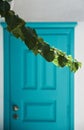 Vertical closeup shot of a branch of leaves in front of a blue door of a house in Mykonos, Greece Royalty Free Stock Photo