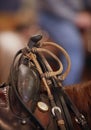 Vertical closeup shot of a bridal hanging over a horse saddle horn