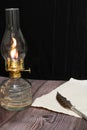 Closeup shot of a burning old antique hurricane oil lamp with quill pen and paper on wooden table