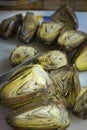 Vertical closeup shot of cut artichokes Royalty Free Stock Photo
