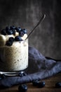 Vertical closeup shot of a delicious pudding with blueberries - perfcet for a food blog