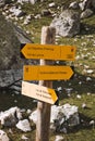 Vertical closeup shot of direction signs on a pole in Col de Larche mountains of France Royalty Free Stock Photo