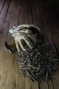 Vertical closeup shot of dirty white gloves, a hammer, and a stack of nails on the wooden ground Royalty Free Stock Photo