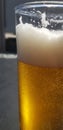 Vertical closeup shot of a glass of bubbling beer with a blurred background