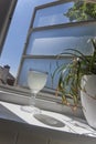 Vertical closeup shot of glasses of juice on a windowsill it by the sun