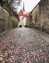 Vertical closeup shot of the narrow cobblestone road of Long Boot (Pikk Jalg) in Tallinn Royalty Free Stock Photo