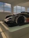 Vertical closeup shot of a Porsche 919 Hybrid Le Mans car in a museum in Dortmund, Germany