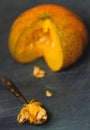 Vertical closeup shot of pumpkin beans and  a pumpkin on blurred background Royalty Free Stock Photo