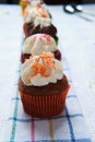 Vertical closeup shot of small cupcakes in a row on a towel Royalty Free Stock Photo