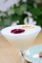 Vertical closeup shot of a white cocktail with a lemon slice and a red flower in a martini glass Royalty Free Stock Photo