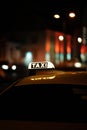 Vertical closeup of the taxi sign glowing at night.