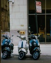 Vertical closeup of three colorful scooters in front of a building