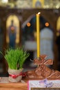 Vertical closeup of a wheatgrass, a cross, and a lit candle, blurred backgroundconcept- Easter