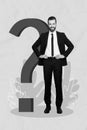 Vertical collage artwork photo of businessman developer touch waist question mark no idea solution help decision