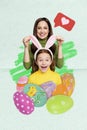 Vertical collage artwork postcard of mini funny mother daughter wear bunny ears painted easter eggs like notification