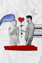 Vertical collage artwork standing couple lovers celebrate valentine day man presents girlfriend flower heart shaped love Royalty Free Stock Photo