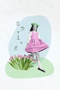 Vertical collage banner picture young cute small girl wear adorable dress beret jumping tulips garden lawn field spring