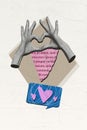 Vertical collage of black white colors arms fingers demonstrate heart symbol like notification piece book page isolated