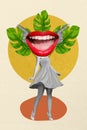 Vertical collage of black white colors girl mini dress high heels dancing big mouth red lips instead head plant leaves