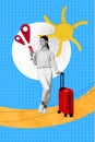 Vertical collage of black white colors girl use smart phone navigation mark suitcase plasticine sun isolated on blue