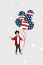 Vertical collage of black white colors little girl hold usa national flag balloons decoration isolated on grey