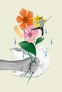 Vertical collage of black white effect arm hold drawing flowers mini funky guy dancing leaf raindrops isolated on Royalty Free Stock Photo